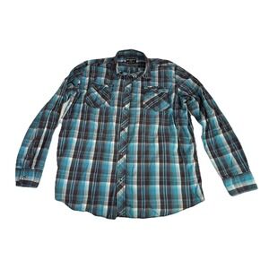 Skully Plaid Button Down Shirt Mens XXL Teal Blue Cotton Pearl Snap Workwear